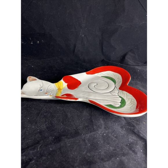 Porcelain Cat Shape With Red Hearts Hand Painted Tray/Dish Made in Italy #7145 - Picture 8 of 8